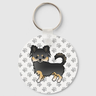 Black And Tan Long Coat Chihuahua Cute Dog & Paws Keychain