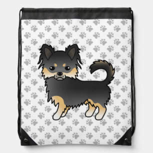 Black And Tan Long Coat Chihuahua Dog & Paws Drawstring Bag