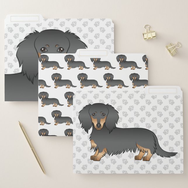 Black And Tan Long Hair Dachshund Cartoon Dog File Folder (Set)
