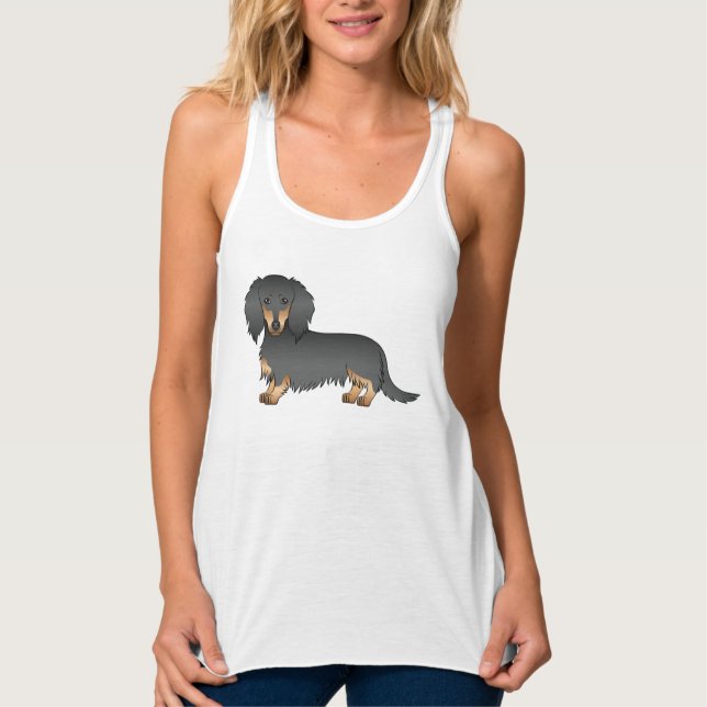 Black And Tan Long Hair Dachshund Cartoon Dog Tank Top (Front)