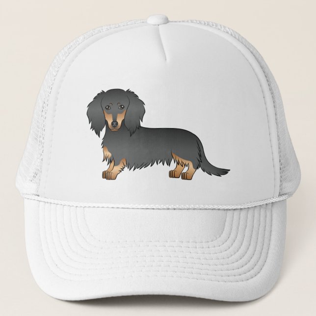 Black And Tan Long Hair Dachshund Cartoon Dog Trucker Hat (Front)