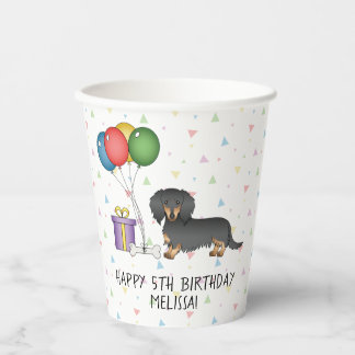 Black And Tan Long Hair Dachshund Happy Birthday Paper Cups