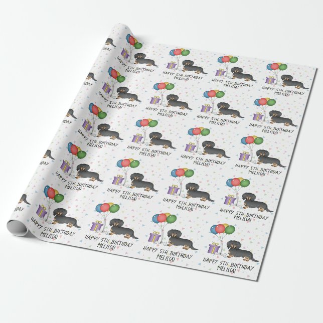 Black And Tan Long Hair Dachshund Happy Birthday Wrapping Paper (Unrolled)