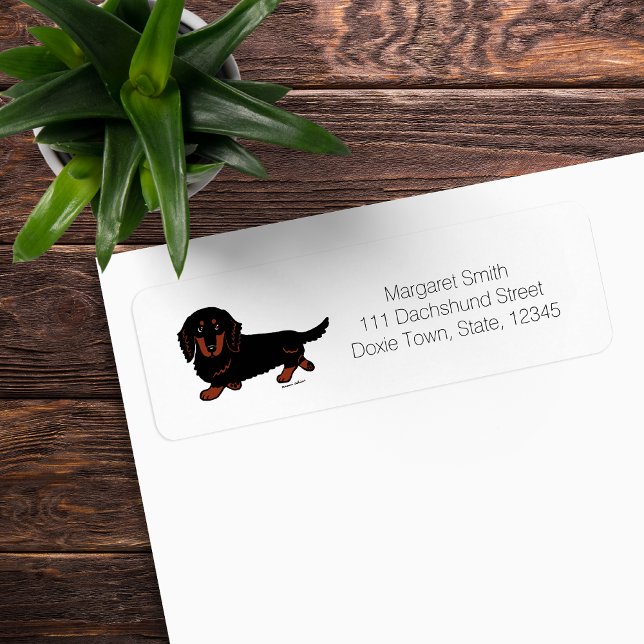 Black and Tan Long Haired Dachshund 1 Label (Black and Tan Long Haired Dachshund Return Address Label featuring Doxie walking.  Cartoon Design.)
