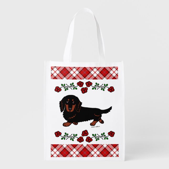 Black and Tan Long Haired Dachshund 1 Reusable Grocery Bag (Front)
