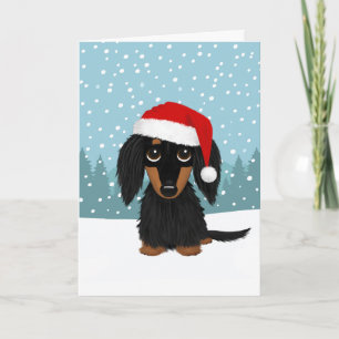 Black and Tan Longhaired Dachshund Dog Christmas Holiday Card
