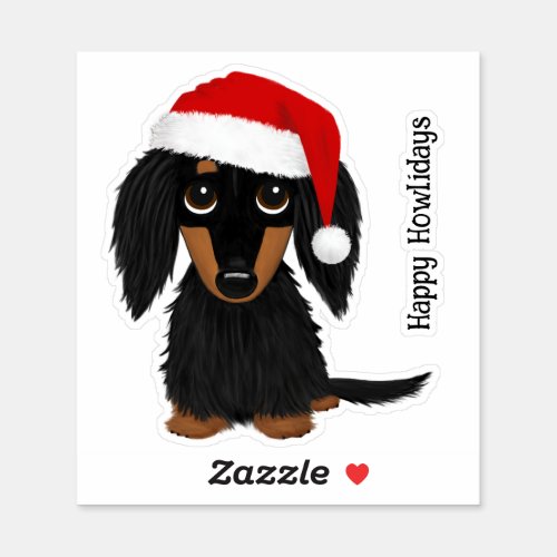 Black and Tan Longhaired Dachshund Santa Christmas Sticker