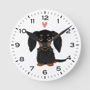 Black and Tan Longhaired Dachshund with Heart Round Clock