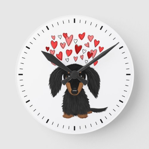 Black and Tan Longhaired Dachshund with Hearts Round Clock