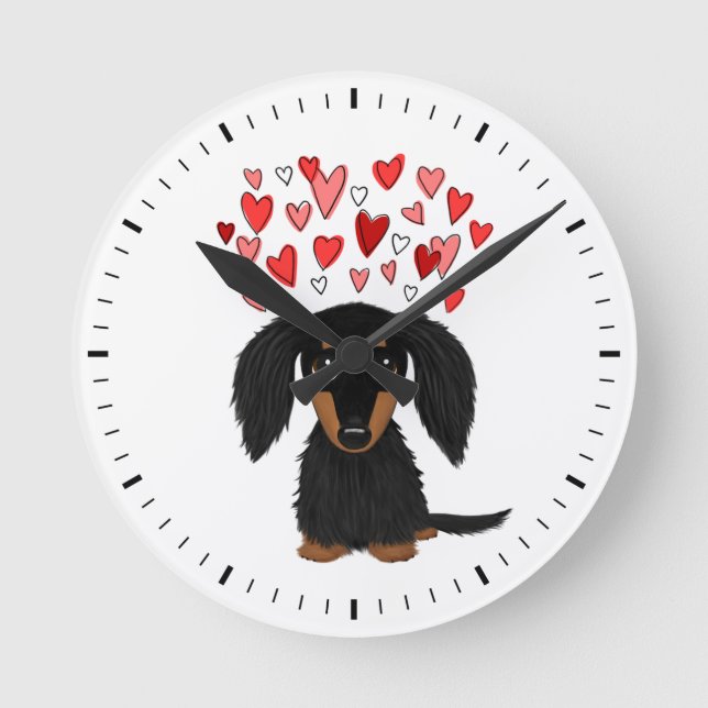 Black and Tan Longhaired Dachshund with Hearts Round Clock (Front)