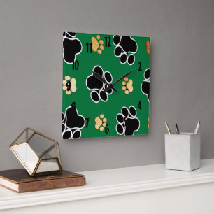 Black and tan luxury canine dog paw print square wall clock