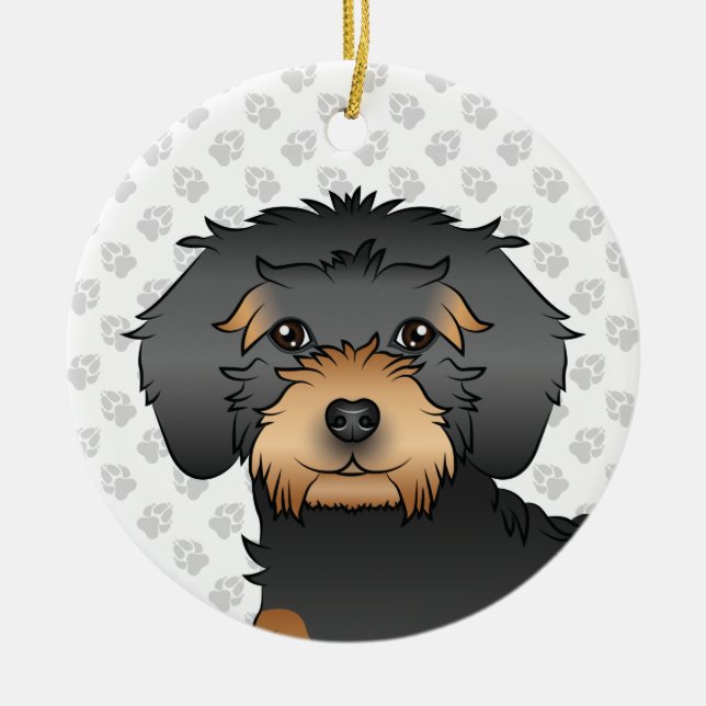 Black And Tan Mini Goldendoodle Cartoon Dog Head Ceramic Ornament (Front)