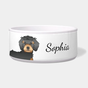 Black And Tan Mini Goldendoodle Cartoon Dog & Name Bowl