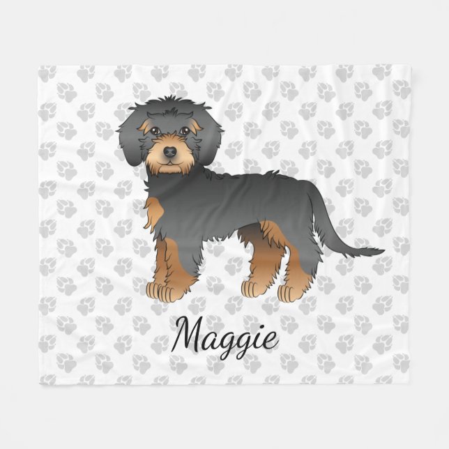 Black And Tan Mini Goldendoodle Cartoon Dog & Name Fleece Blanket (Front (Horizontal))