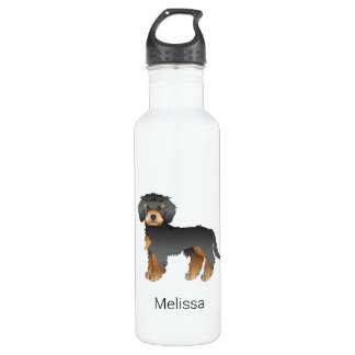Black And Tan Mini Goldendoodle Cartoon Dog &amp; Name Stainless Steel Water Bottle