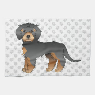 Black And Tan Mini Goldendoodle Cartoon Dog & Paws Kitchen Towel