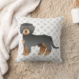Black And Tan Mini Goldendoodle Cartoon Dog & Paws Throw Pillow