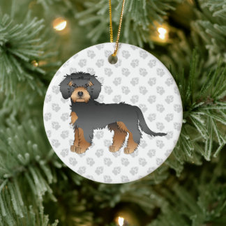 Black And Tan Mini Goldendoodle Cartoon Dog &amp; Text Ceramic Ornament