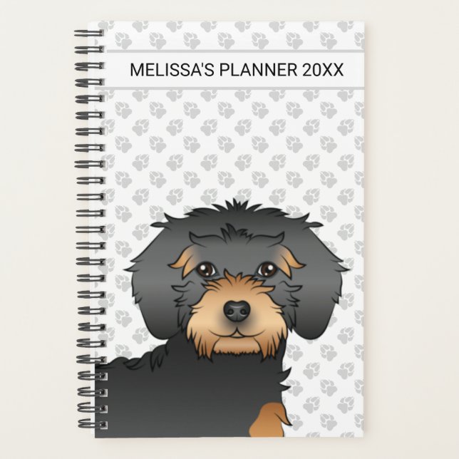 Black And Tan Mini Goldendoodle Cartoon Dog & Text Planner (Front)