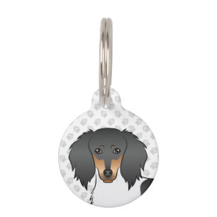Black And Tan Piebald Long Hair Dachshund Head Pet ID Tag