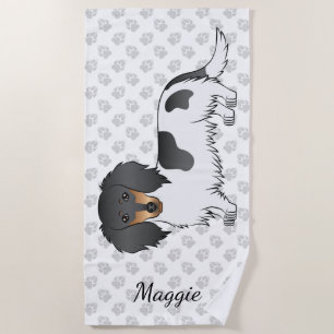 Black And Tan Piebald Long Hair Dachshund & Name Beach Towel