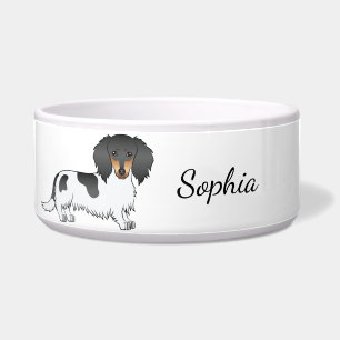 Black And Tan Piebald Long Hair Dachshund & Name Bowl