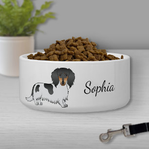 Black And Tan Piebald Long Hair Dachshund & Name Bowl