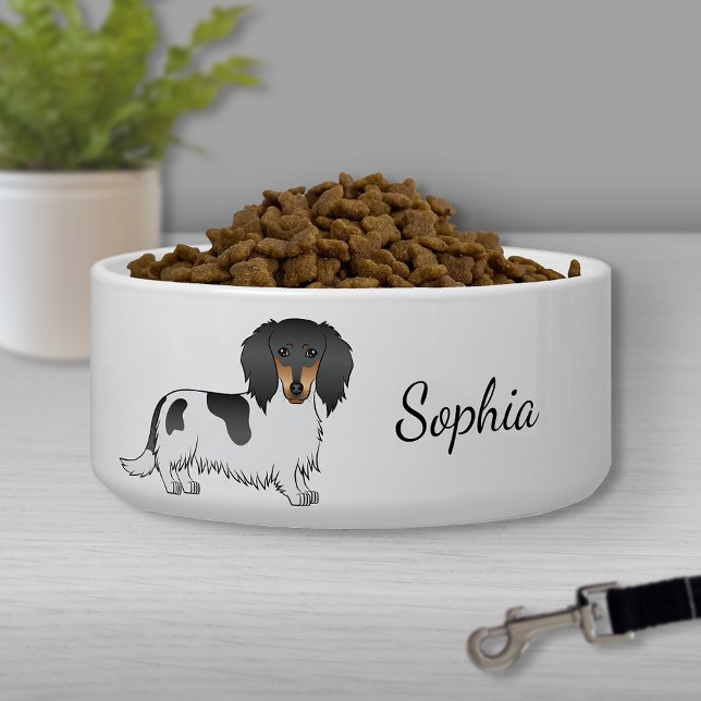Black And Tan Piebald Long Hair Dachshund & Name Bowl (Creator Uploaded)
