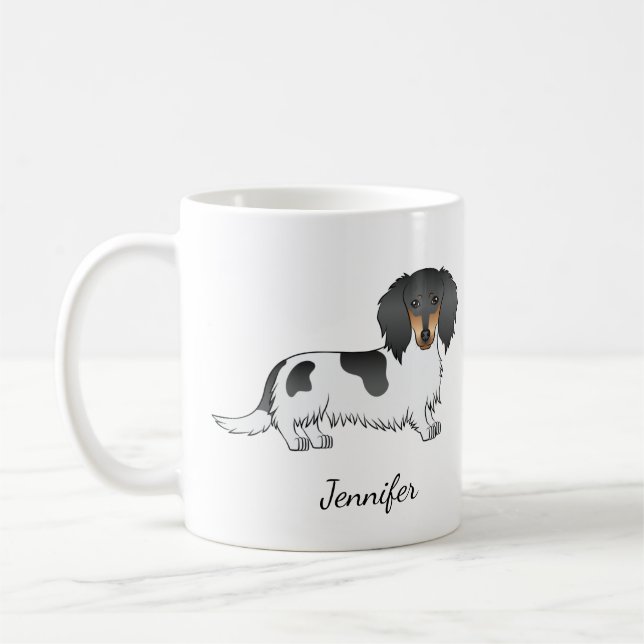 Black And Tan Piebald Long Hair Dachshund & Name Coffee Mug (Left)