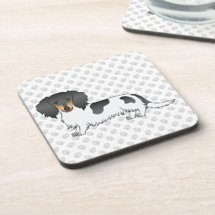 Black And Tan Piebald Long Hair Dachshund & Paws Beverage Coaster