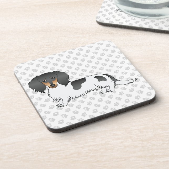 Black And Tan Piebald Long Hair Dachshund & Paws Beverage Coaster (Left Side)