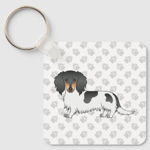 Black And Tan Piebald Long Hair Dachshund & Paws Keychain