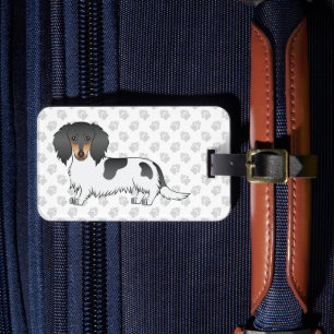 Black And Tan Piebald Long Hair Dachshund & Paws Luggage Tag