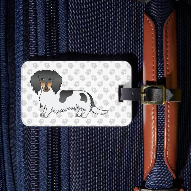 Black And Tan Piebald Long Hair Dachshund & Paws Luggage Tag (Front Insitu 4)