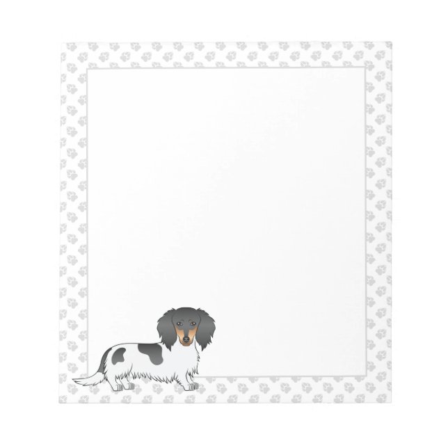 Black And Tan Piebald Long Hair Dachshund & Paws Notepad (Front)