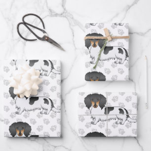 Black And Tan Piebald Long Hair Dachshund & Paws Wrapping Paper Sheets