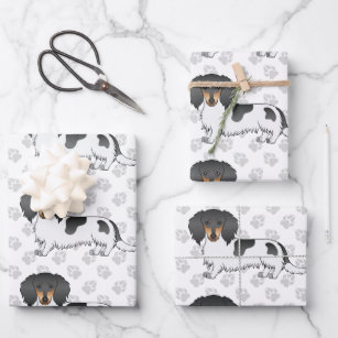 Black And Tan Piebald Long Hair Dachshund & Paws Wrapping Paper Sheets