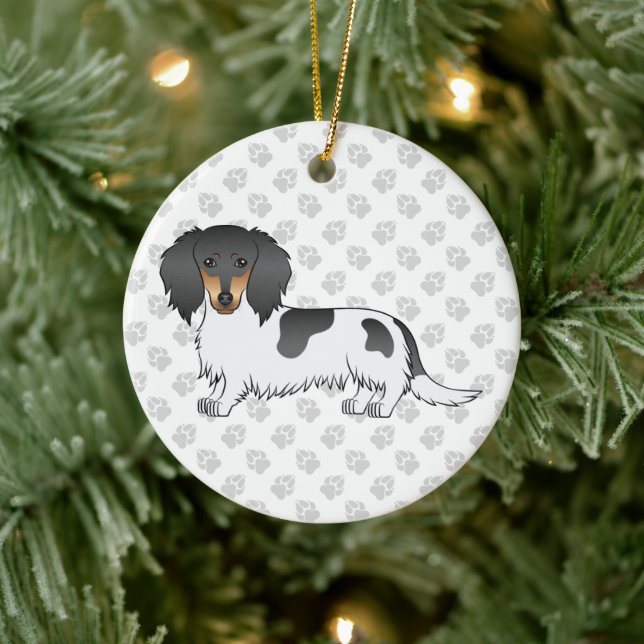 Black And Tan Piebald Long Hair Dachshund & Text Ceramic Ornament (Tree)