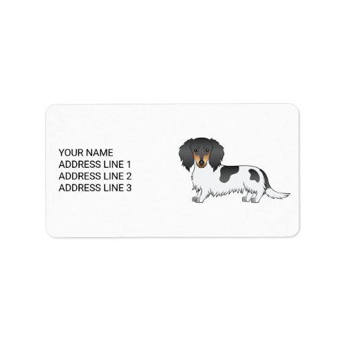 Black And Tan Piebald Long Hair Dachshund  Text Label