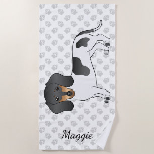 Black And Tan Piebald Short Hair Dachshund & Name Beach Towel