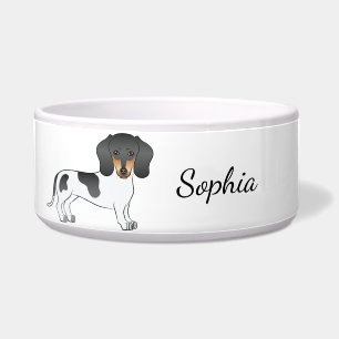 Black And Tan Piebald Short Hair Dachshund & Name Bowl
