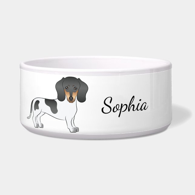 Black And Tan Piebald Short Hair Dachshund & Name Bowl (Front)