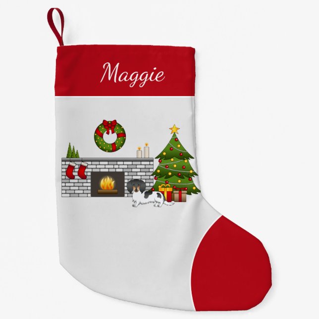 Black And Tan Pied Long Hair Dachshund Christmas Small Christmas Stocking (Front)