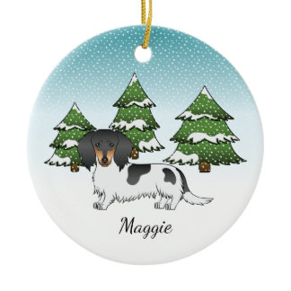 Black And Tan Pied Long Hair Dachshund In Winter Ceramic Ornament