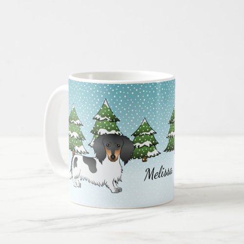 Black And Tan Pied Long Hair Dachshund In Winter Coffee Mug