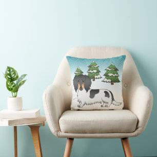 Black And Tan Pied Long Hair Dachshund In Winter Throw Pillow