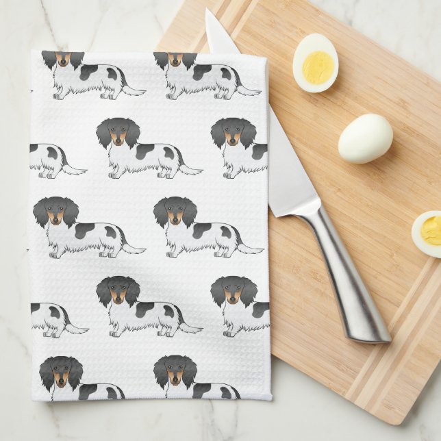 Black And Tan Pied Long Hair Dachshund Pattern Kitchen Towel (Quarter Fold)