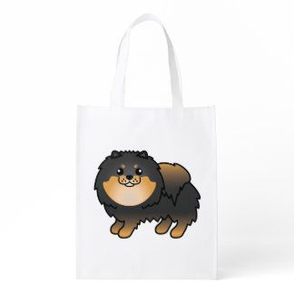 Black And Tan Pomeranian Cute Cartoon Dog Grocery Bag