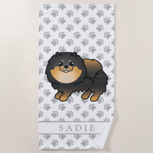 Black And Tan Pomeranian Cute Cartoon Dog & Name Beach Towel