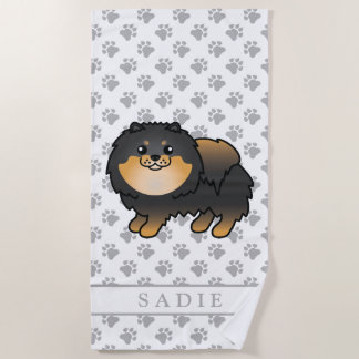 Black And Tan Pomeranian Cute Cartoon Dog &amp; Name Beach Towel